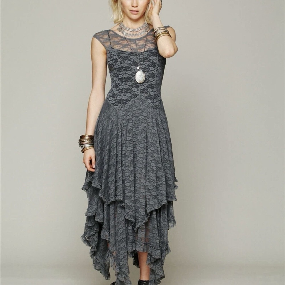 Women's Lace Sheer Asymmetrical Gray Dress Steampunk Witchy Goth Grunge Size M